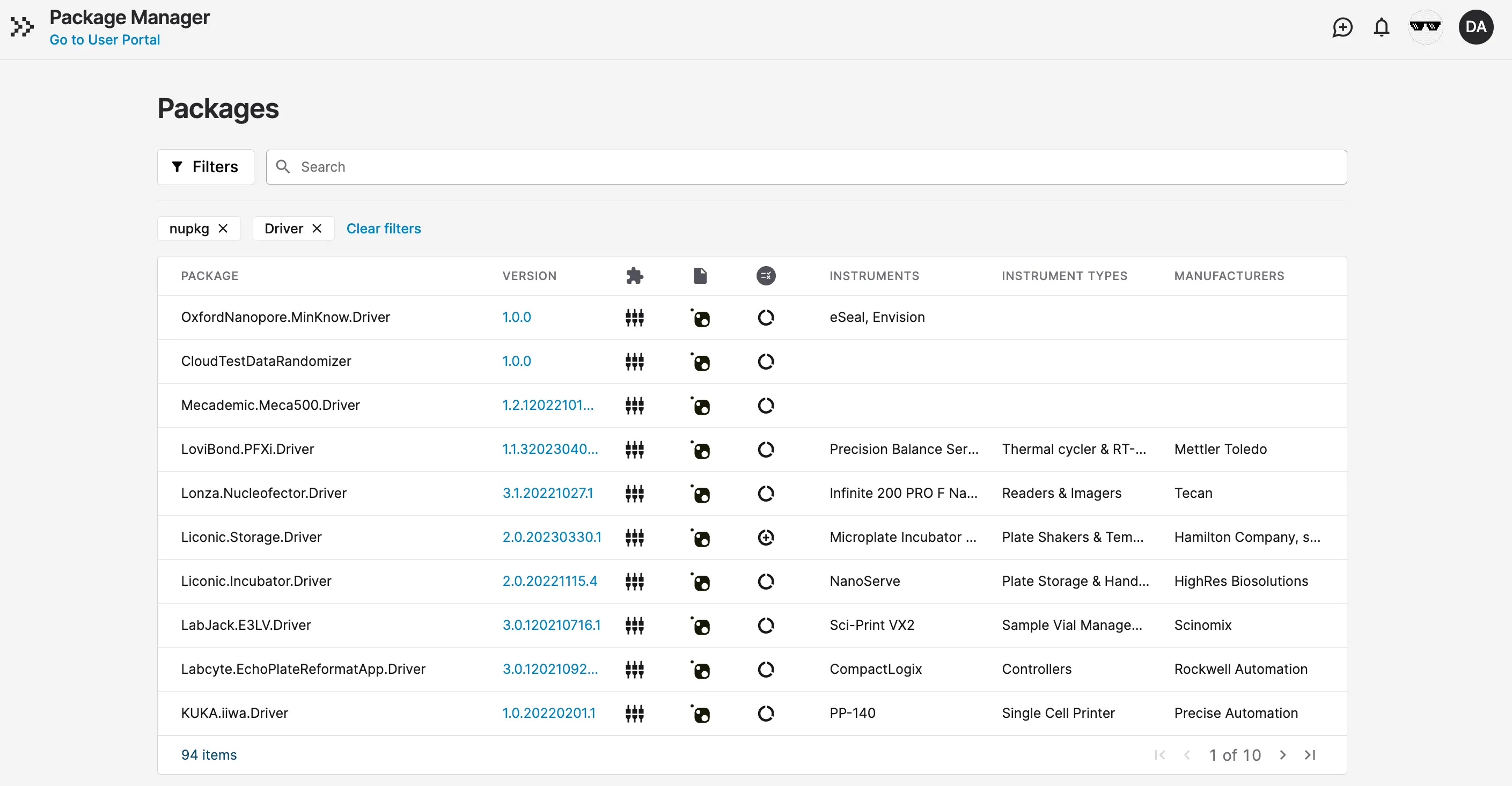 A web app that shows a packages table and controls to sort and find packages.